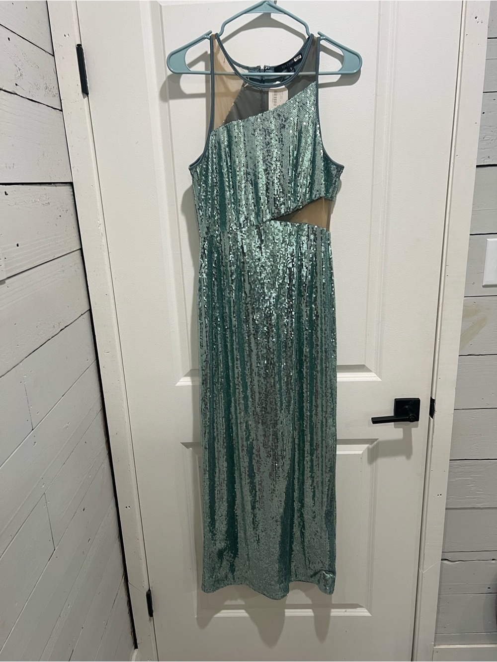 Seafoam Green Sequin Cutout Evening Gown